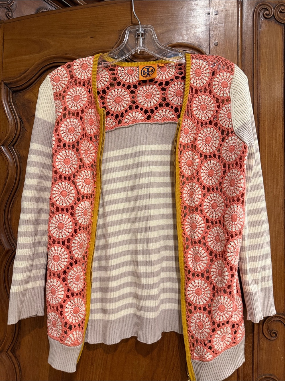 Tory Burch Coral Crochet-Trim Striped Cardigan with Mustard Accents